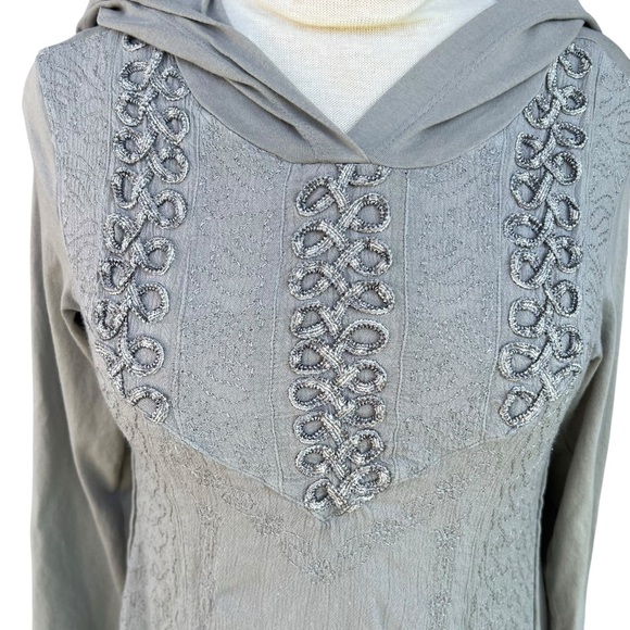 Free People Hooded High Low Tunic Dress Embroidered Drapey Hem Gray Small GUC - Picture 7 of 16